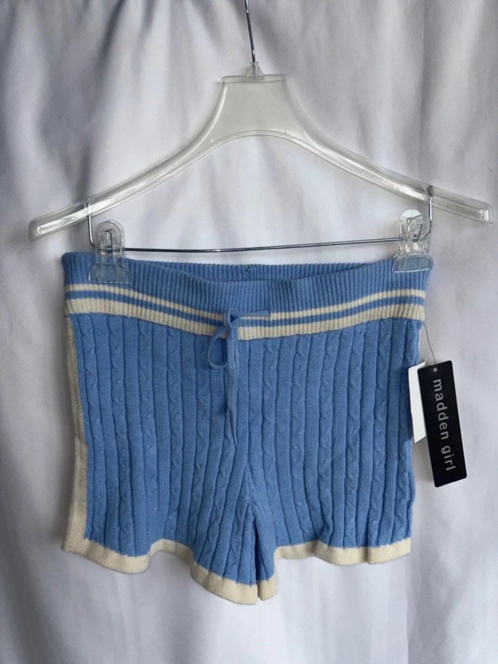Madden Girl Blue & Cream Knit Drawstring Shorts NWT, Jr sz M